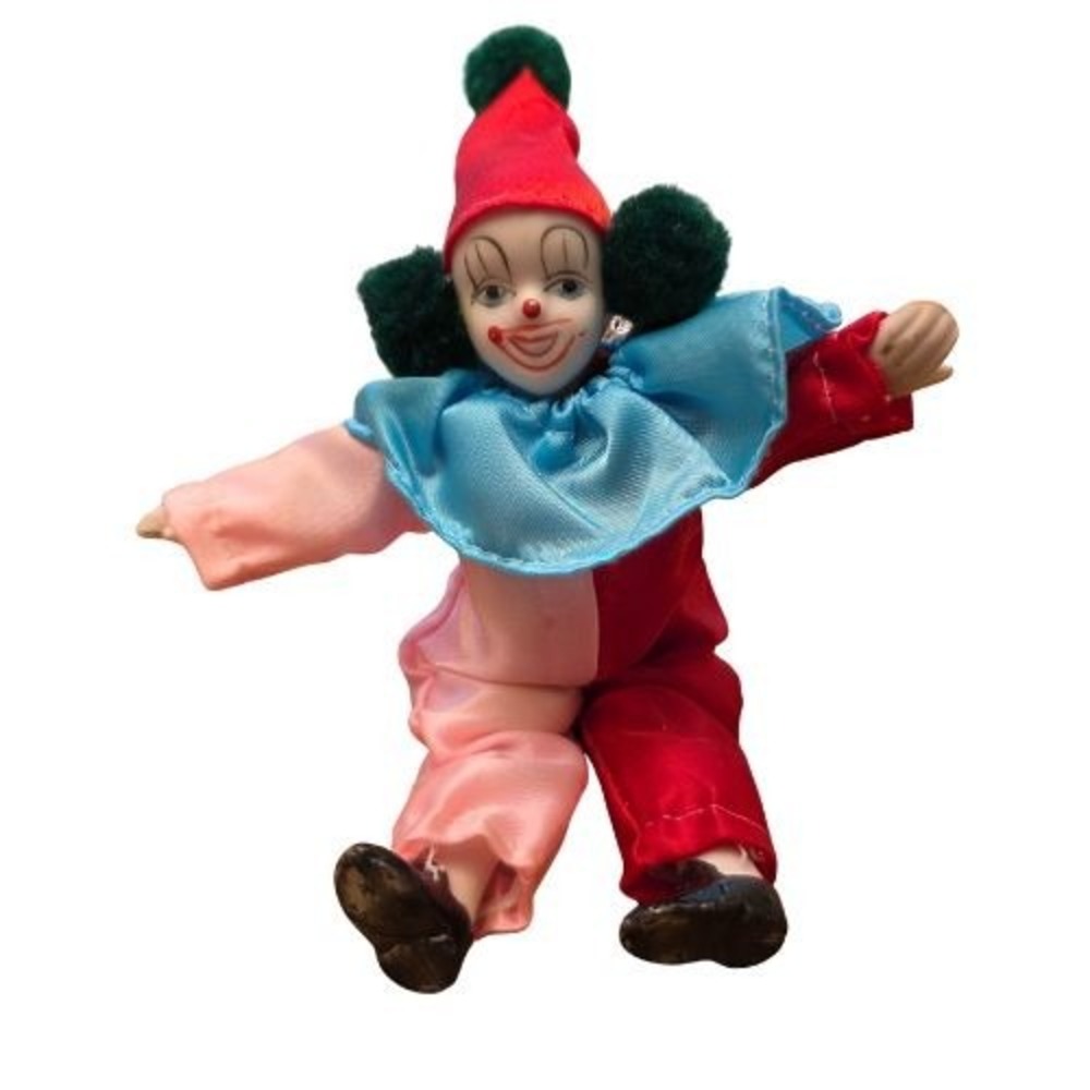 Vintage Porcelain Miniature Clown Doll Pink Red Satin Jumpsuit 6 Inch Circuscore